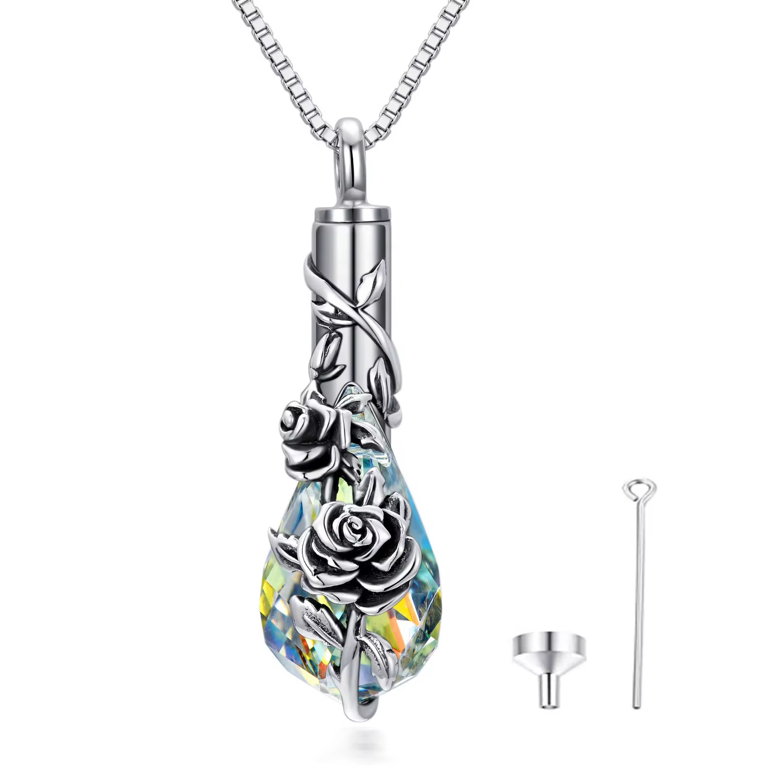 Rose Tree Crystal Drop Urn Necklace – Memorial Keepsake Pendant for Ashes