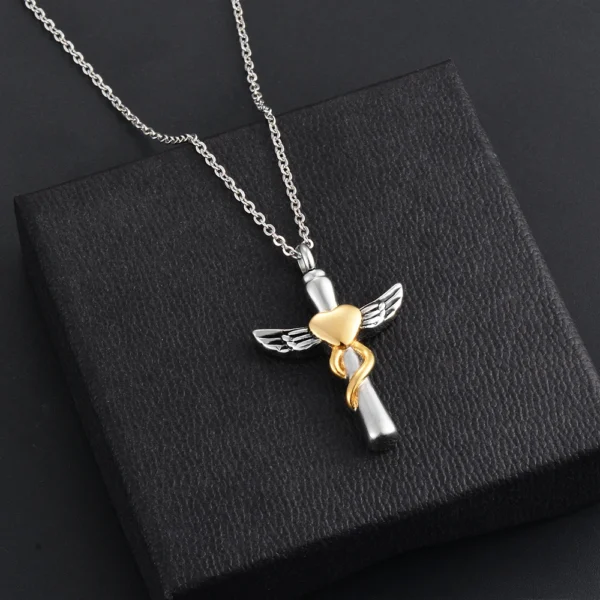 starlight urns cross urn necklace with heart and wings – memorial cremation jewelry for ashes