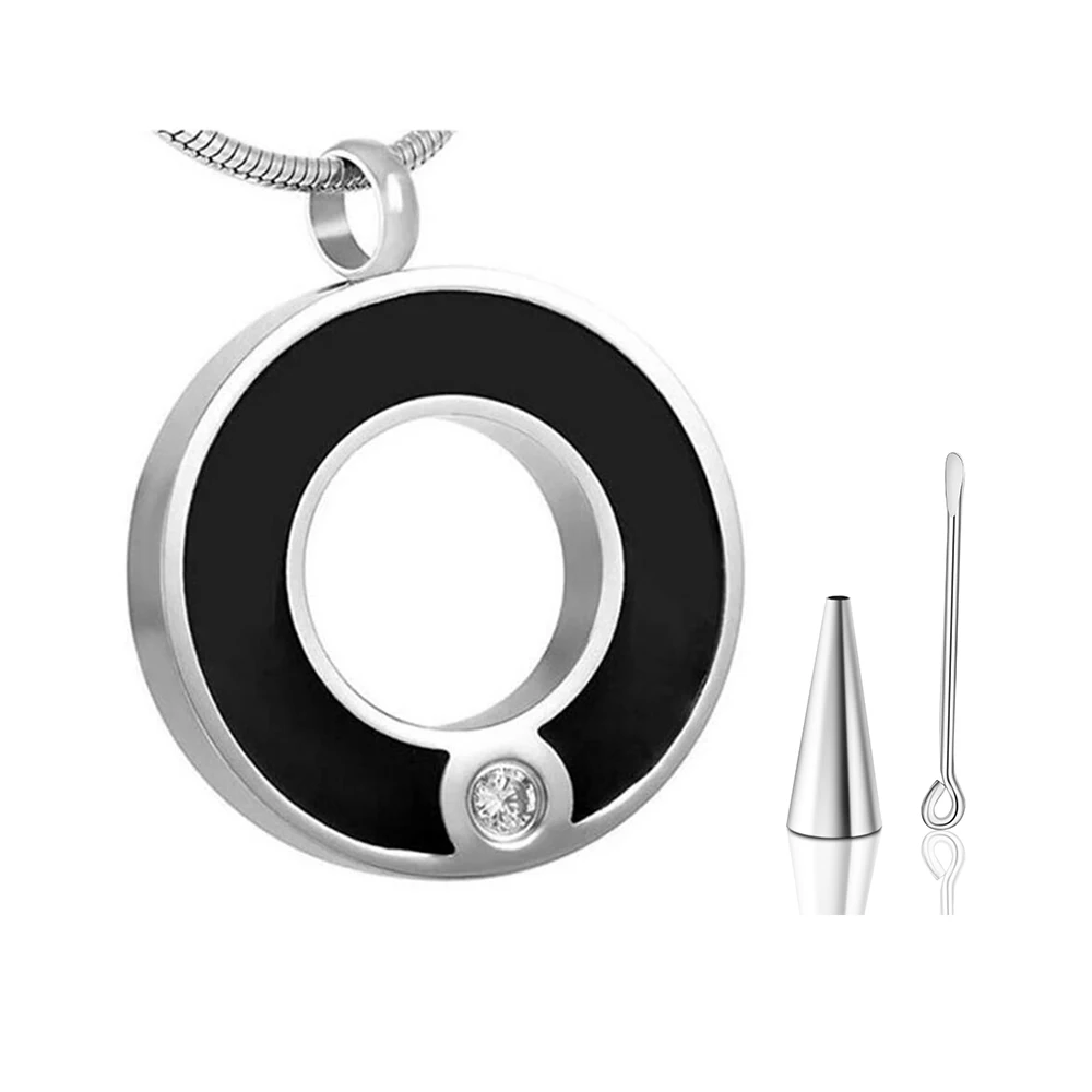 Starlight Urns Black Circle Urn Necklace with CZ Crystal – Stainless Steel Cremation Jewelry Memorial Pendant for Ashes