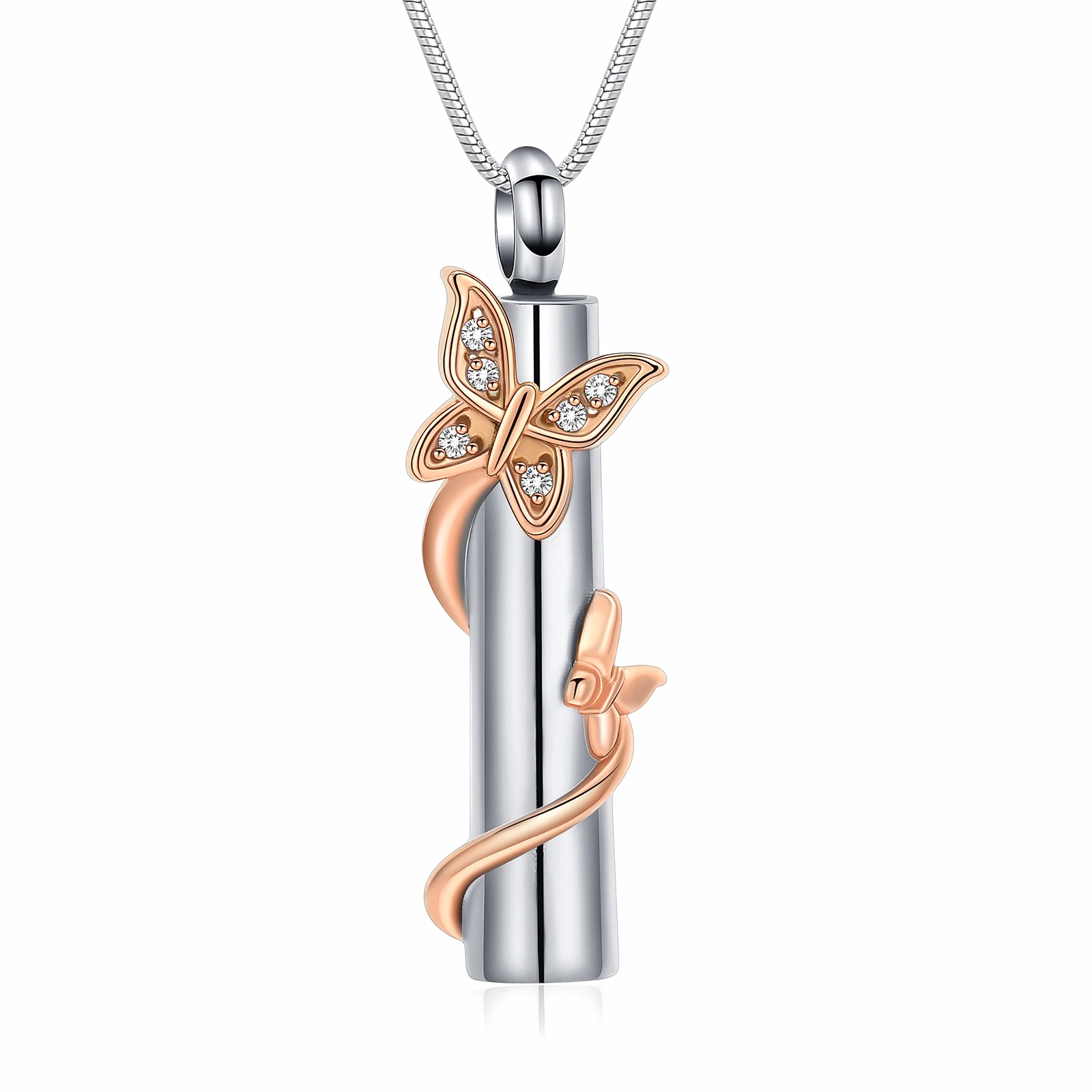 Starlight Urns Cylinder Urn Necklace with Butterflies and CZ Crystals – Stainless Steel Cremation Jewelry Memorial Pendant for Ashes