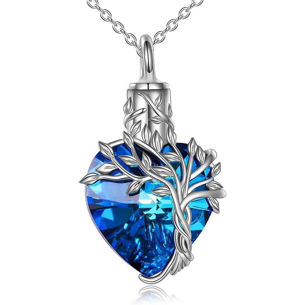 Starlight Urns Tree of Life with Blue Crystal Urn Necklace for Ashes – Memorial Keepsake Pendant