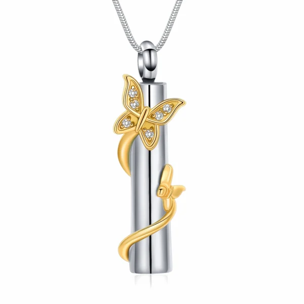 starlight urns cylinder urn necklace with butterflies and cz crystals – stainless steel cremation jewelry memorial pendant for ashes