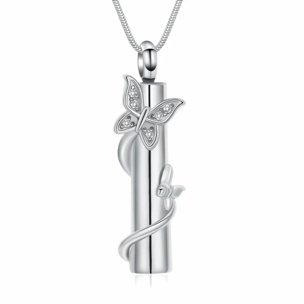 starlight urns cylinder urn necklace with butterflies and cz crystals – stainless steel cremation jewelry memorial pendant for ashes