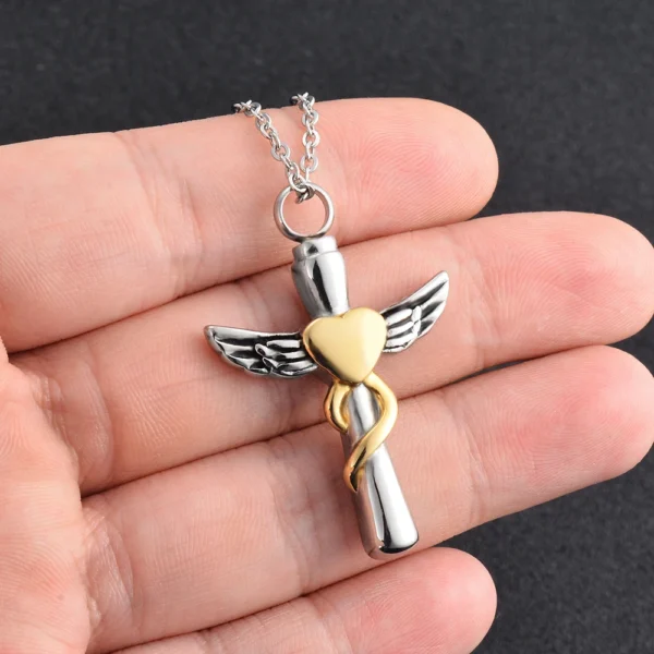 starlight urns cross urn necklace with heart and wings – memorial cremation jewelry for ashes