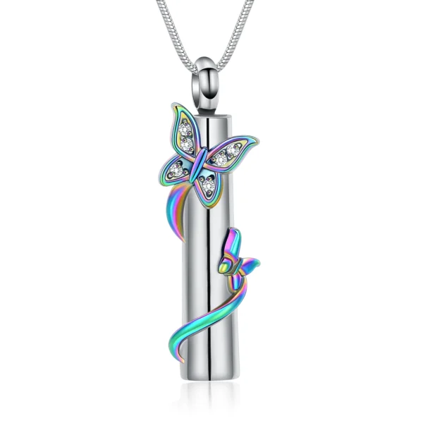 starlight urns cylinder urn necklace with butterflies and cz crystals – stainless steel cremation jewelry memorial pendant for ashes