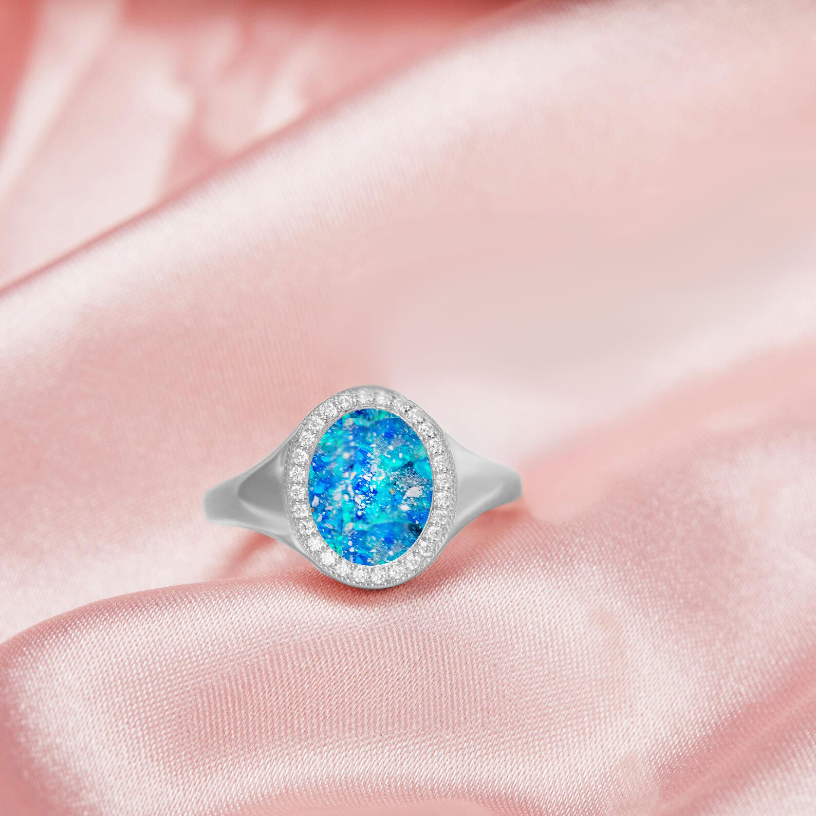 Elegant Cremation Ring Infused with Ashes & Opal – Sterling Silver Memorial Ring with Zirconia