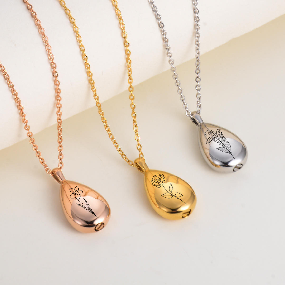 Birth Flower & Birth Month Teardrop Urn Necklace – Stainless Steel Cremation Jewelry for Ashes