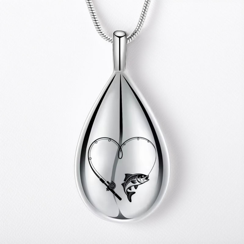 Fishing Rod & Fish Heart Urn Necklace in Teardrop, Cremation Jewelry For Ashes