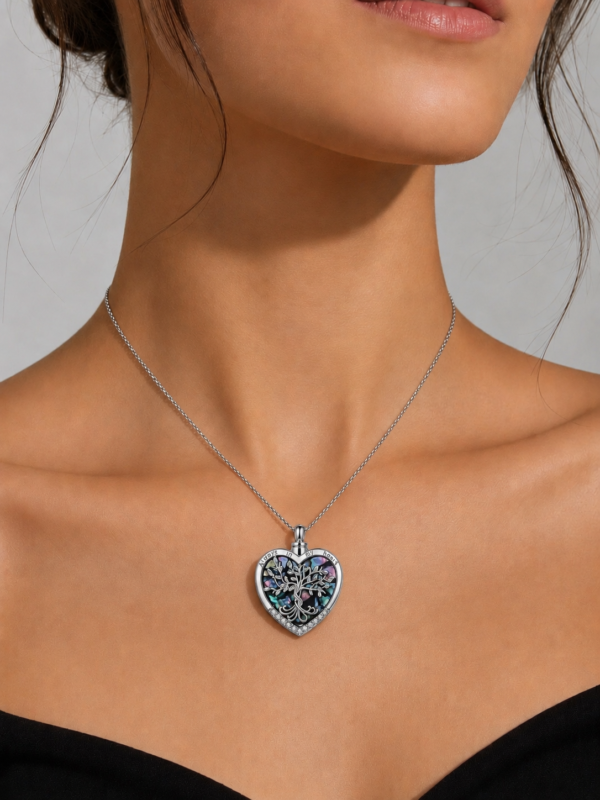Urn necklace heart on womans neck