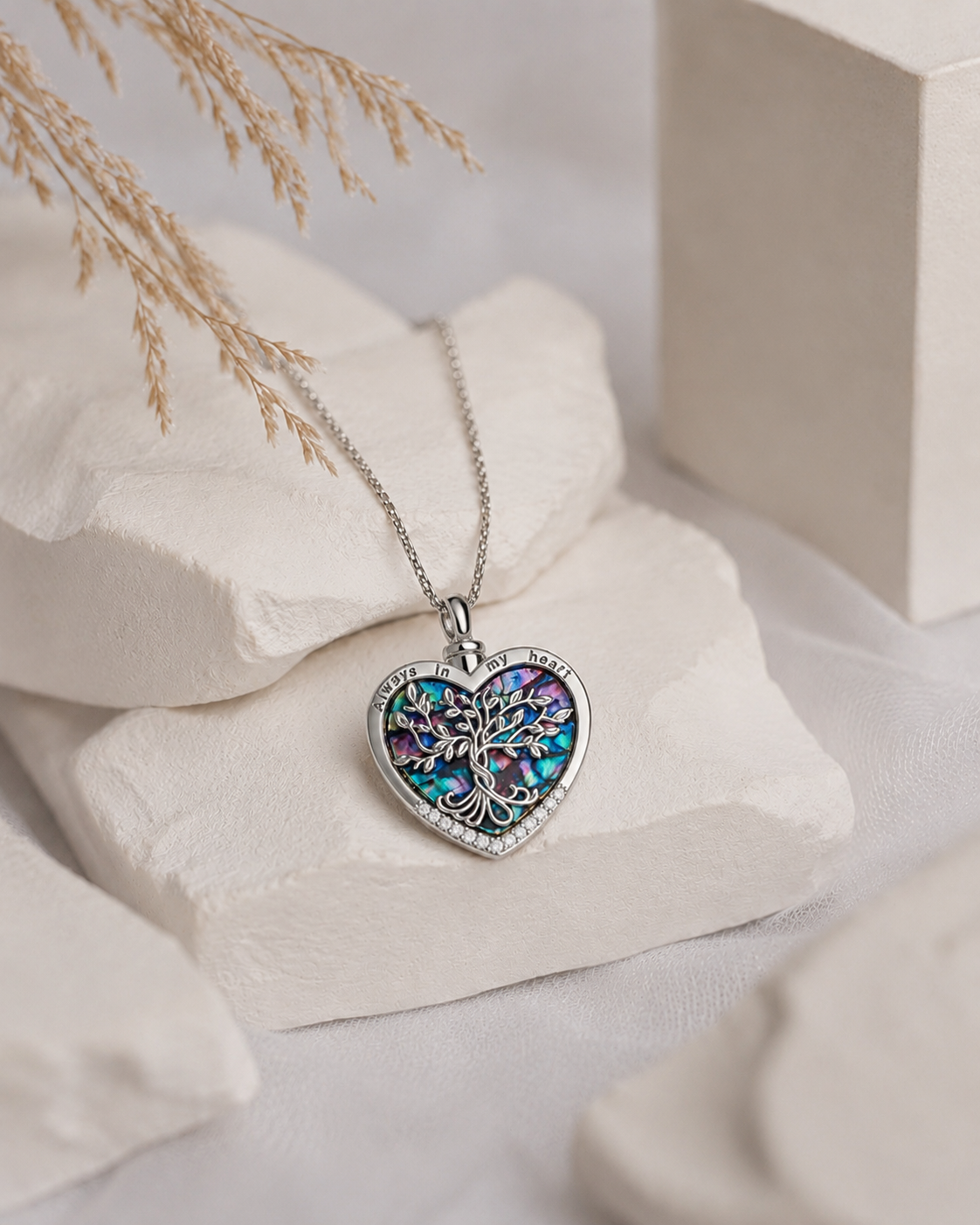 Tree of Life Heart Urn Necklace – Stainless Steel Cremation Jewelry with Natural Abalone Shell