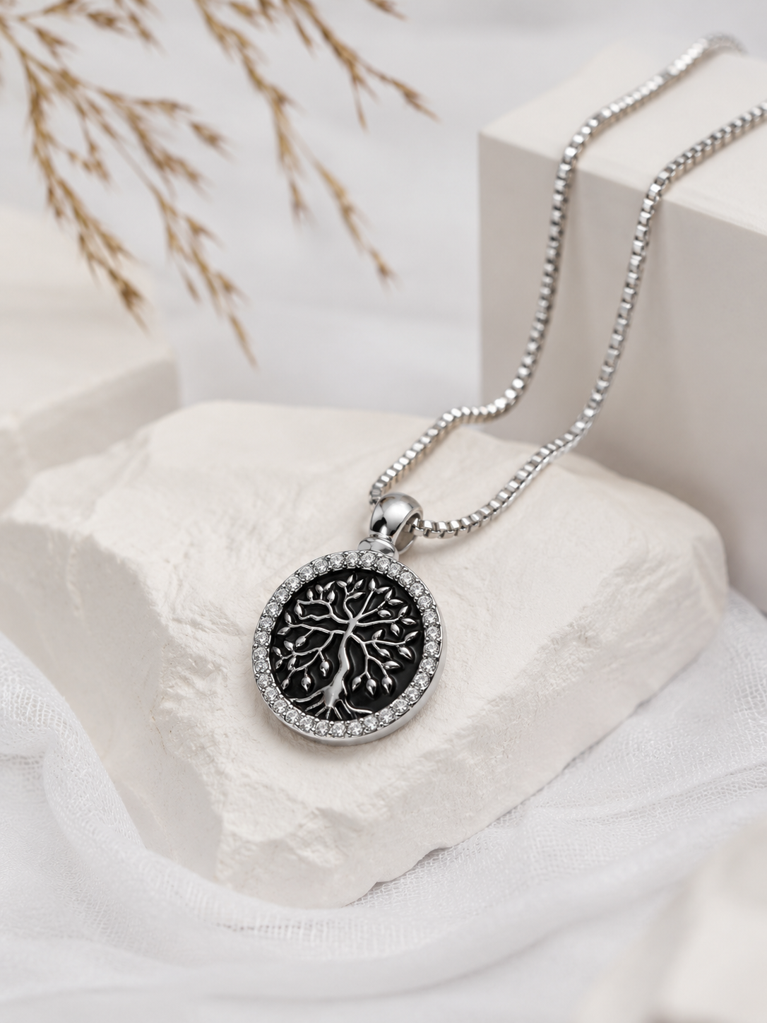 Tree of Life Circle Cremation Urn Necklace for Ashes – Stainless Steel Memorial Jewelry with “Forever in the Heart” Engraving